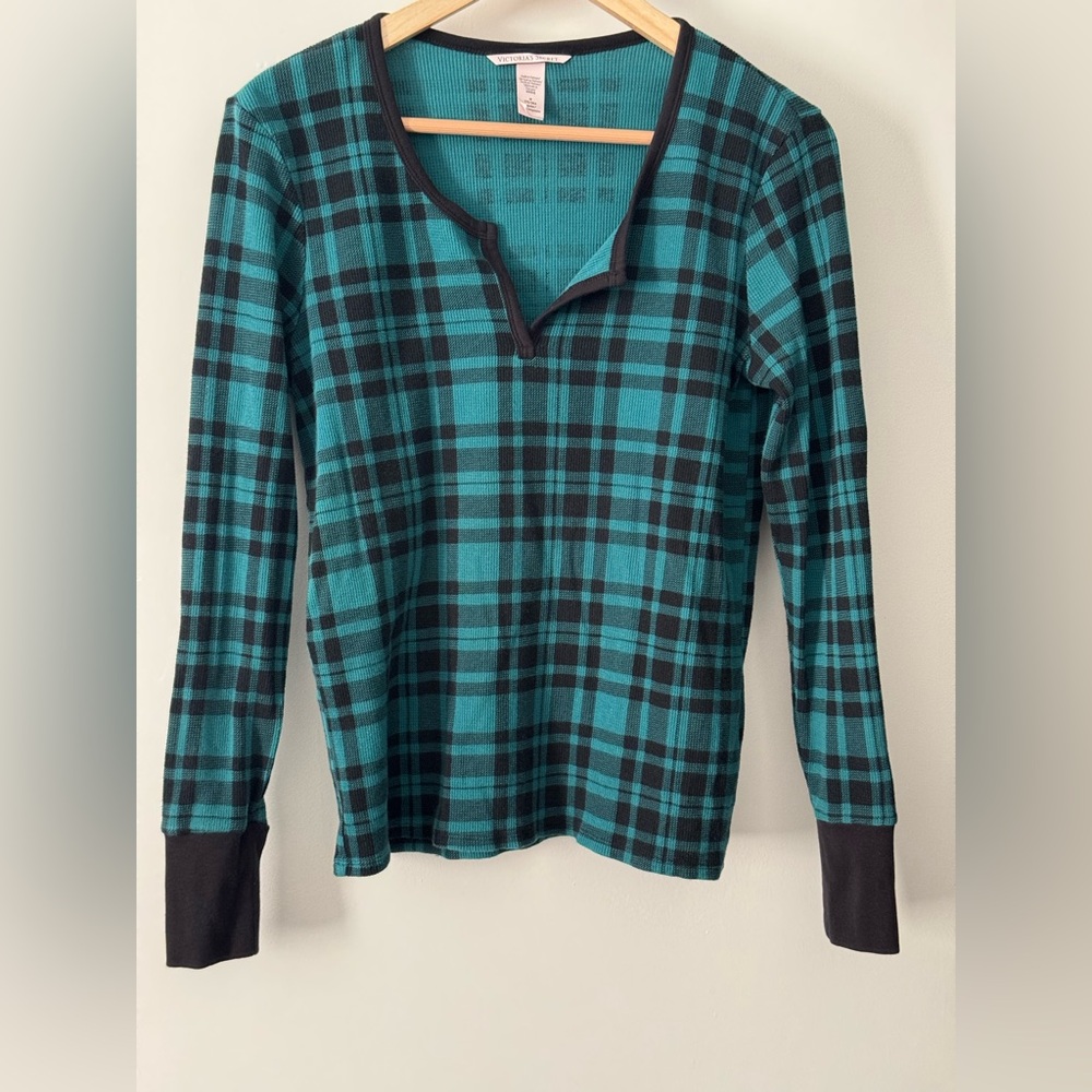 Victoria’s Secret Plaid Waffle Knit Thermal Top Teal Black Size M